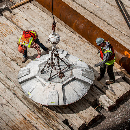 Stone Cap Lowered onto Barge - Longfellow Bridge - Boston, MA
